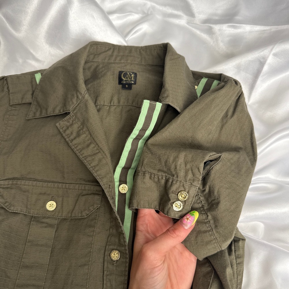Cia.Maritima Olive Green Ripstop Button Up Shirt Pink Patch Lime Trim Small - Picture 3 of 4